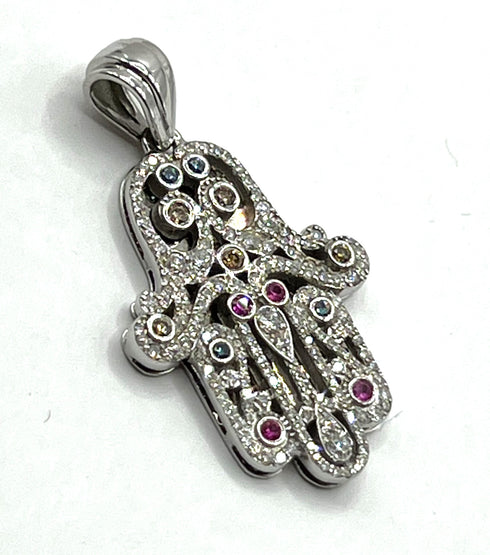 14K White Gold & Gemstones Diamond Khamsa Ornate Necklace